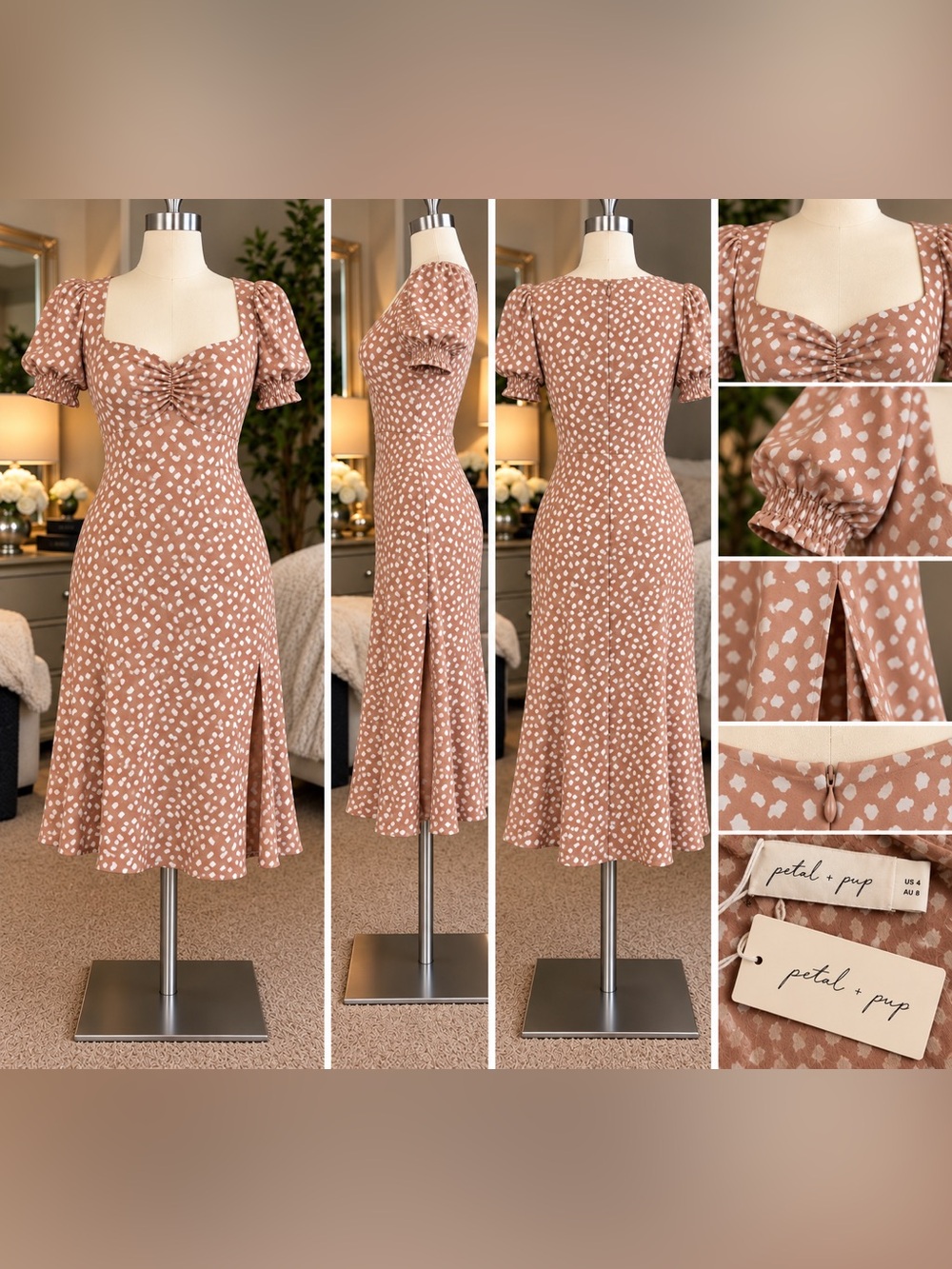 Petal & Pup Mocha Dot Sweetheart Midi Dress